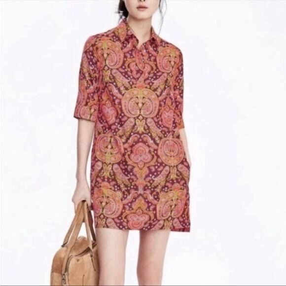 Banana Republic Orange Brown Paisley Mini Shift Shirt Dress Size 0 New - Picture 1 of 9
